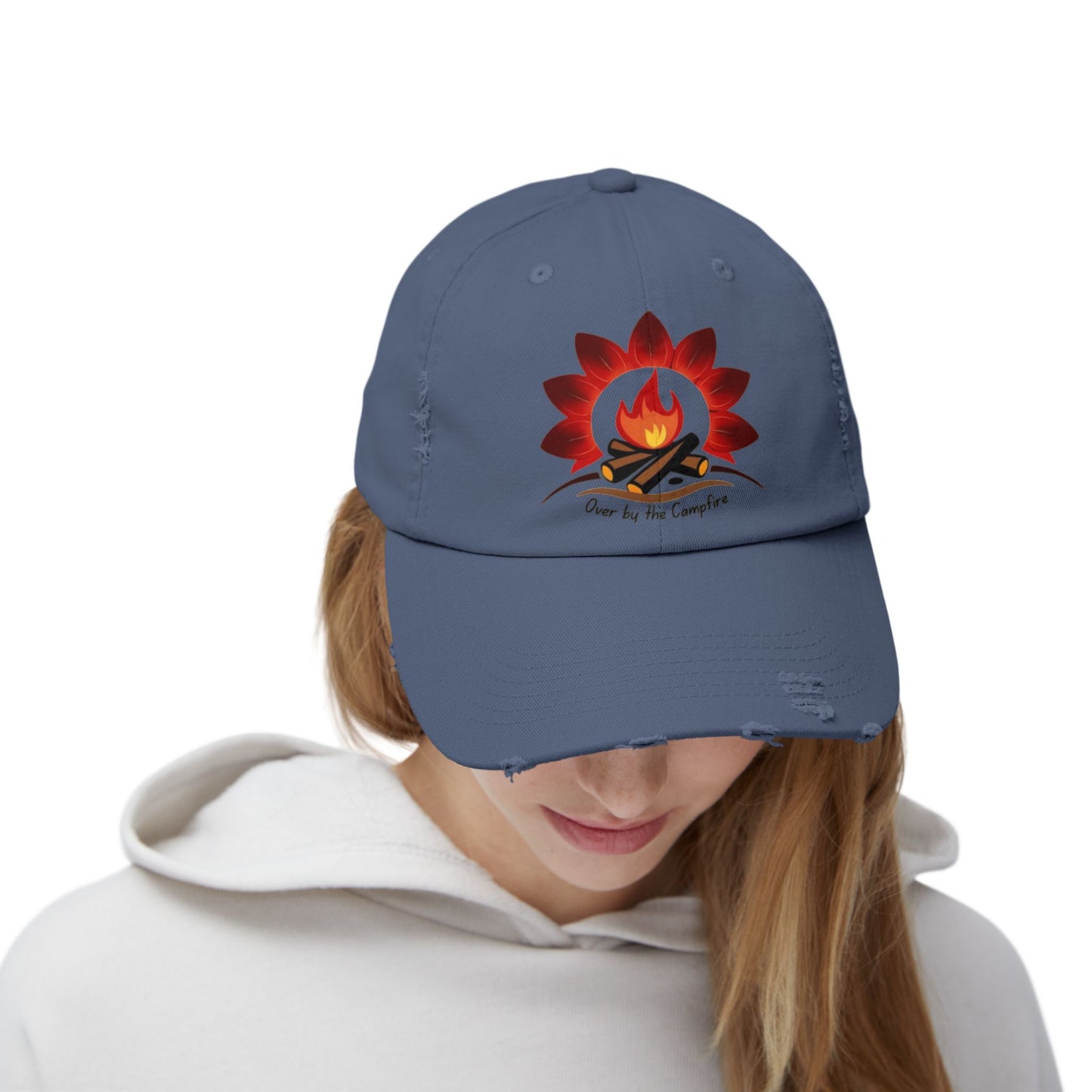 Over by the Campfire -Distressed Unisex Cap with Fire and Floral Design, Vintage Style Hat for Casual Wear, Great for Festivals, Daily Outings, Birthdays, [...]
