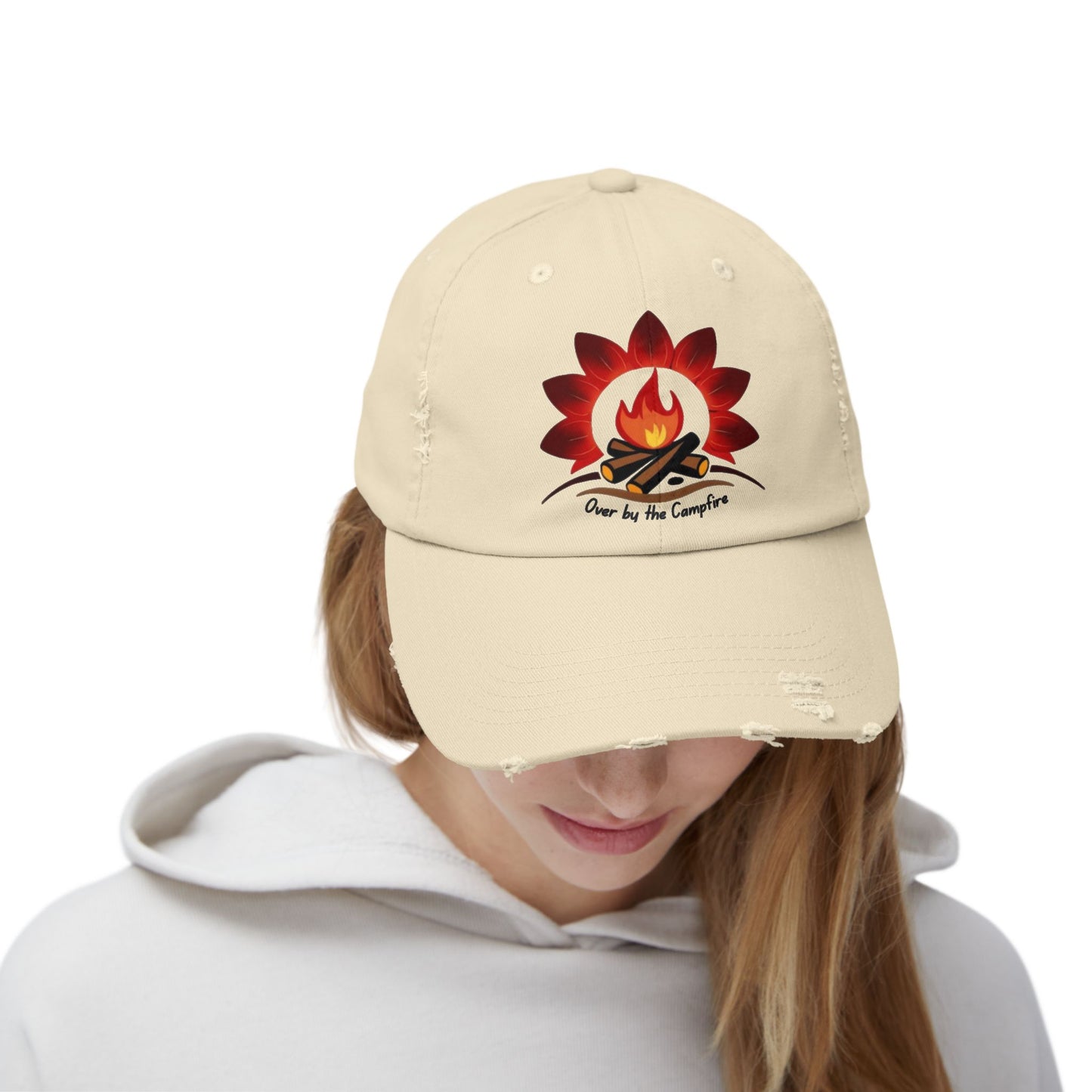 Over by the Campfire -Distressed Unisex Cap with Fire and Floral Design, Vintage Style Hat for Casual Wear, Great for Festivals, Daily Outings, Birthdays, [...]